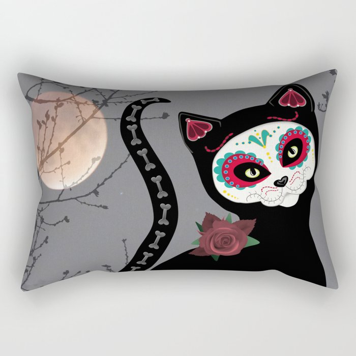 Sugar Skull Black Cat Rectangular Pillow