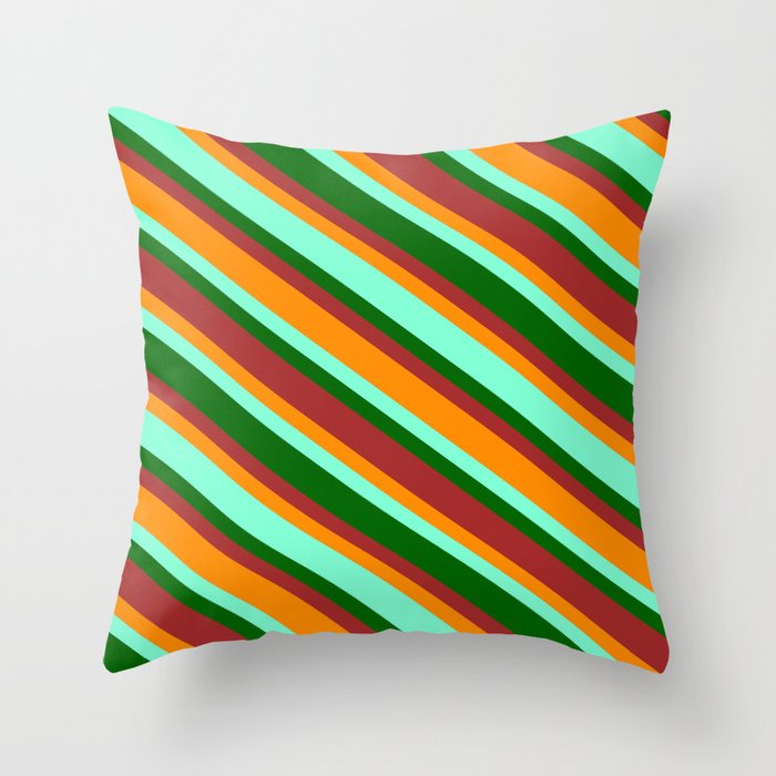 Aquamarine, Dark Green, Brown & Dark Orange Colored Pattern of Stripes Throw Pillow