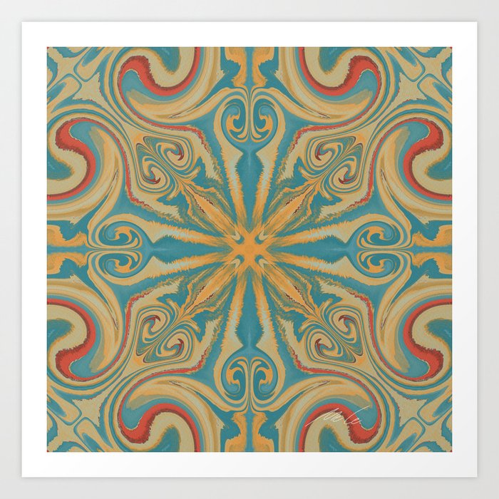 Blue, Red and Orange Retro Marbled Swirls Art Print