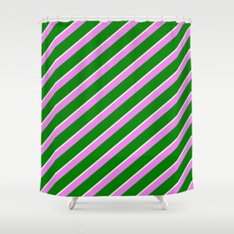 [ Thumbnail: Beige, Violet, and Green Colored Stripes/Lines Pattern Shower Curtain ]