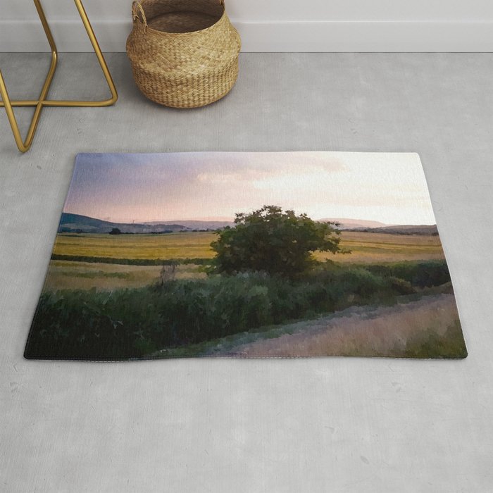Silent romantic evening in the wheat field to the river agriculture cottagecore landscape Rug