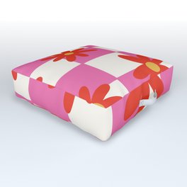 Retro 60s Flower Pattern with Pink Checkered Print Outdoor Floor Cushion