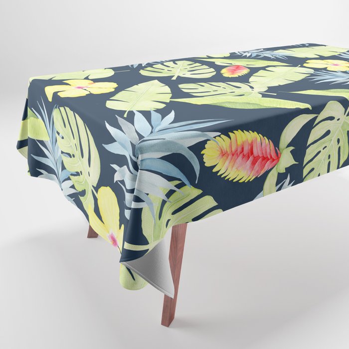 Tropical Leaves with Bromeliad and Hibiscus on Navy Tablecloth