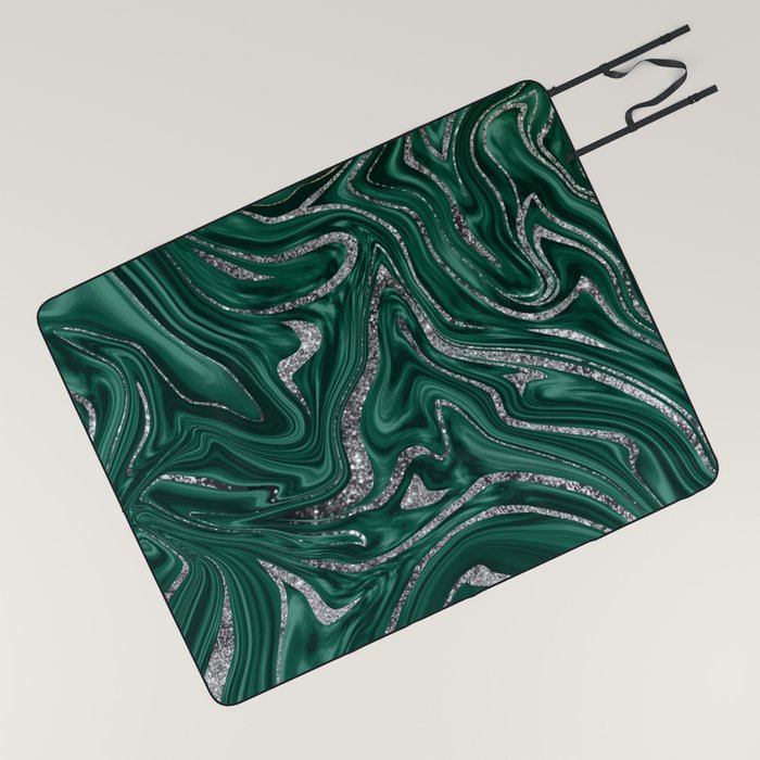 Emerald Green Black Silver Glitter Marble 1 Faux Glitter decor art society6 Picnic Blanket