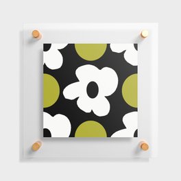 Large White Retro Flowers Olive Green Dots Black Background #decor #society6 #buyart Floating Acrylic Print