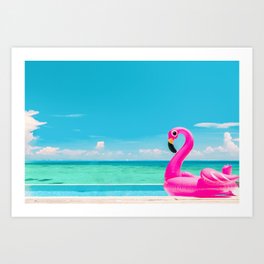 Paradise swimming pool hotel vacation summer travel flamingo float over ocean. Art Print