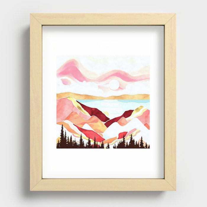 Alpine mountain pink sunset watercolor landscape painting for home, bedroom, living room, and wall decor Recessed Framed Print
