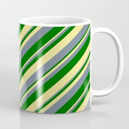 [ Thumbnail: Slate Gray, Dark Green & Tan Colored Lines/Stripes Pattern Coffee Mug ]
