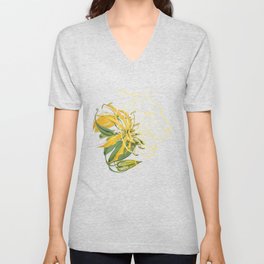 Yellow Lily Line Art Tiger Head V Neck T Shirt