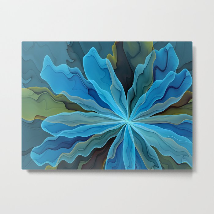 Abstract Blue Flower, Modern Floral Fractal Art Metal Print