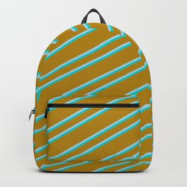 [ Thumbnail: Dark Goldenrod, Light Blue, and Dark Turquoise Colored Lined/Striped Pattern Backpack ]