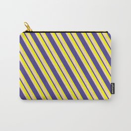 [ Thumbnail: Yellow, Tan, and Dark Slate Blue Colored Striped/Lined Pattern Carry-All Pouch ]