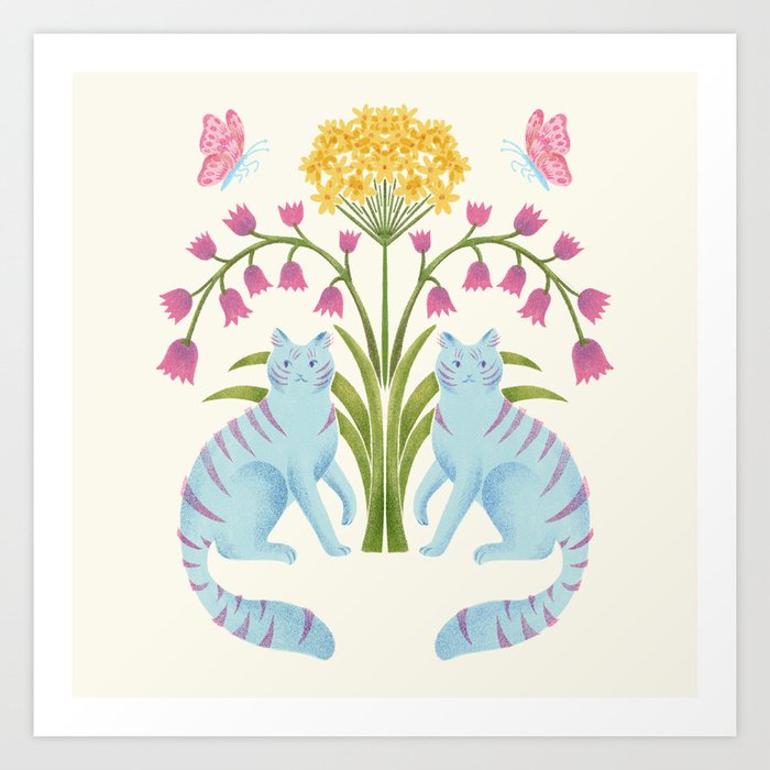 Fantastic Blue Cats & Flowers Art Print
