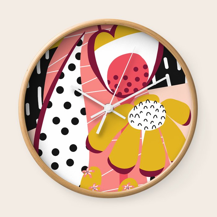Collage Flowers Pink Gold White Black Wall Clock By Flowers Pink Gold White Black