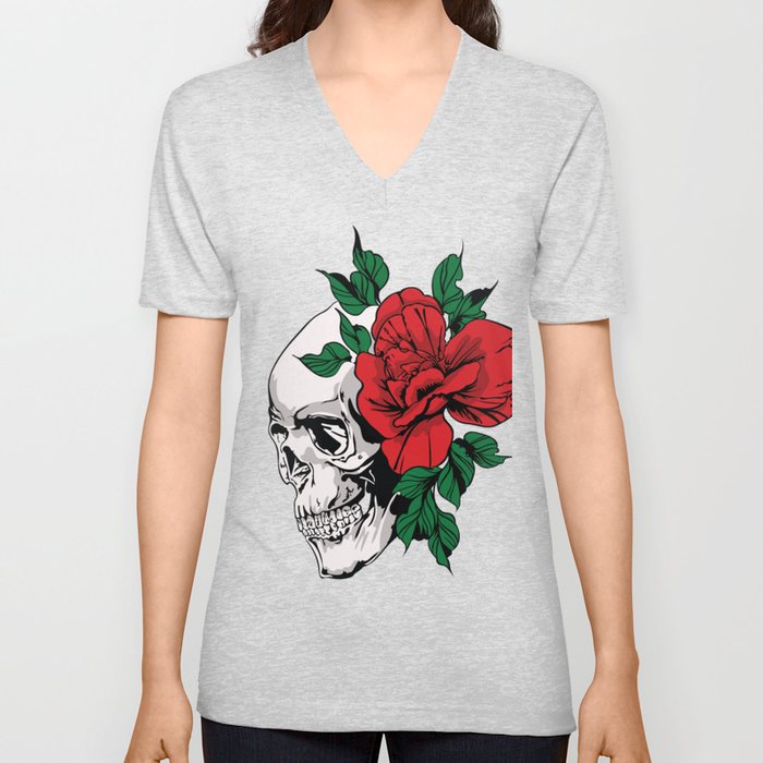 Dead Skull Girl Flower V Neck T Shirt
