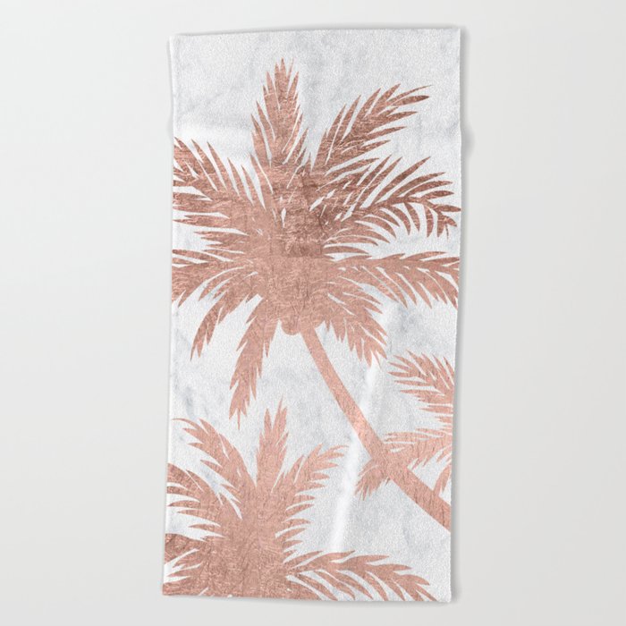 Tropical simple rose gold palm trees white marble Beach Towel