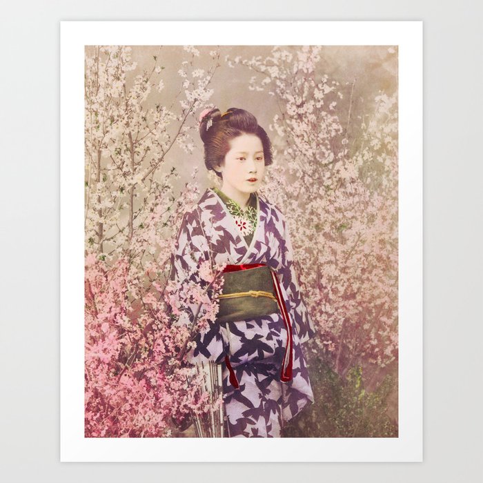 Ogawa Kazumasa - Geisha and Cherry Blossom Art Print