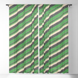[ Thumbnail: Tan, Black & Green Colored Stripes/Lines Pattern Sheer Curtain ]