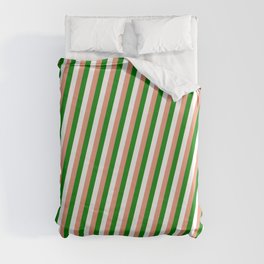 [ Thumbnail: Dark Salmon, Green, and White Colored Striped Pattern Duvet Cover ]