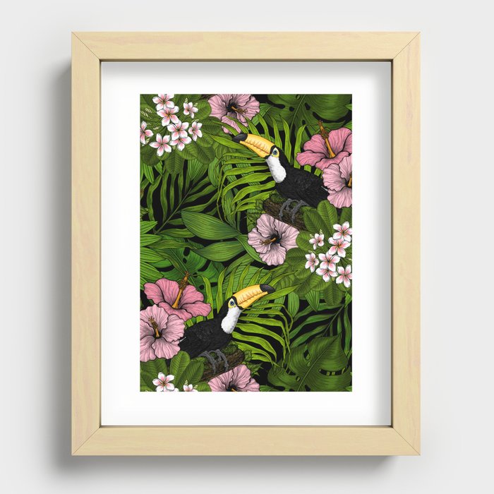 Toucans and tropical flora, green and pink Recessed Framed Print