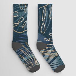 Mystic Jungle Monstera And Palm Leaves Blue And Gold Socks