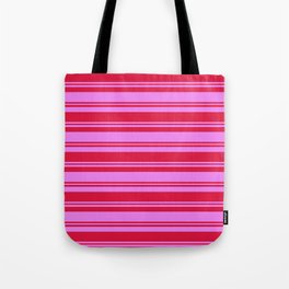[ Thumbnail: Crimson and Violet Colored Stripes/Lines Pattern Tote Bag ]
