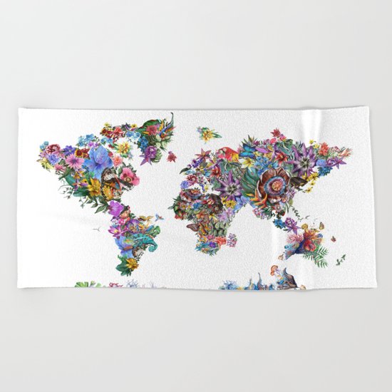 tropical floral world map Beach Towel