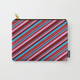 [ Thumbnail: Deep Sky Blue, Red, Plum & Maroon Colored Lined/Striped Pattern Carry-All Pouch ]
