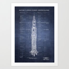 Apollo 11 Saturn V Blueprint in High Resolution (dark blue) Art Print