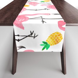 Watercolor pink ink flamingo and yellow pineapple tropical pattern set isolated on white background Table Runner