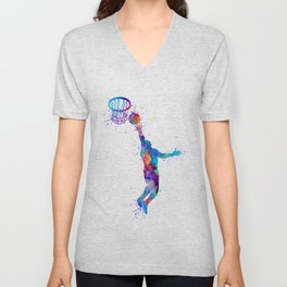 Basketball Boy Art Gift Watercolor Silhouette V Neck T Shirt