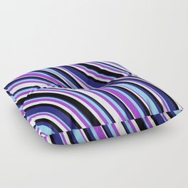 [ Thumbnail: Vibrant Midnight Blue, Sky Blue, Dark Orchid, Mint Cream, and Black Colored Lined/Striped Pattern Floor Pillow ]