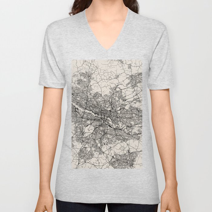 Glasgow, Scotland - Black and White Map V Neck T Shirt