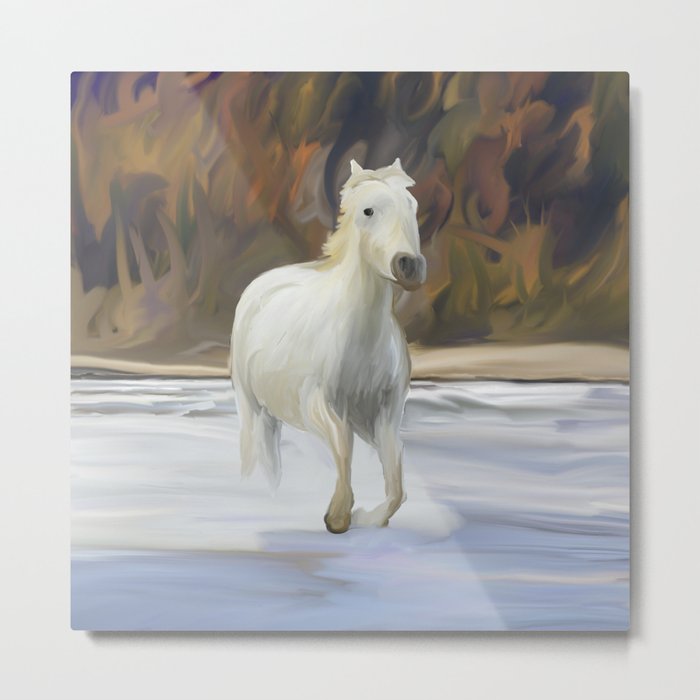 white horse running in water, digital painting Metal Print