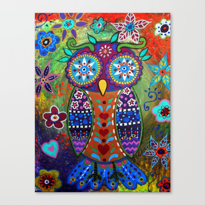 Whimsical Owl Mexican Folk Art Painting Canvas Print By Prisarts