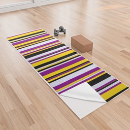[ Thumbnail: Yellow, Purple, Lavender & Black Colored Striped/Lined Pattern Yoga Towel ]