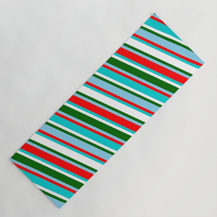 Sky Blue, Red, Dark Turquoise, White, and Dark Green Colored Striped Pattern Yoga Mat