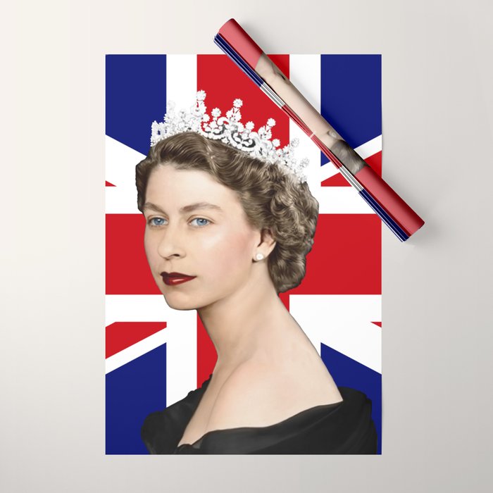 Queen Elizabeth II in Black Satin Dress with British Flag Wrapping
