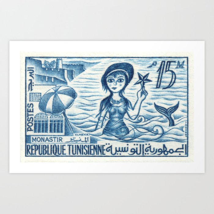 1959 TUNISIA Monastir Mermaid Postage Stamp Art Print