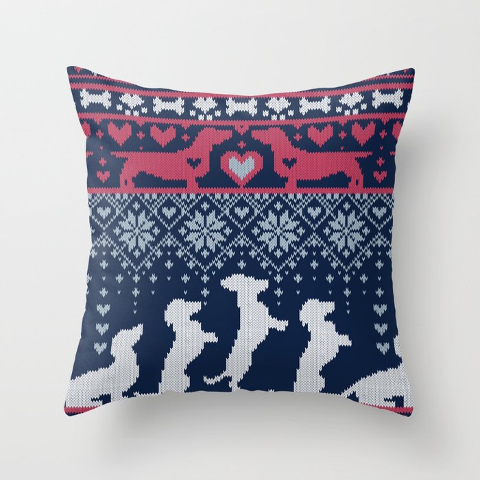 Fair Isle Knitting Doxie Love // navy blue background white and red dachshunds dogs bones paws and hearts Throw Pillow
