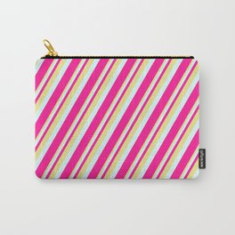 [ Thumbnail: Tan, Light Cyan & Deep Pink Colored Striped Pattern Carry-All Pouch ]
