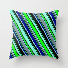 [ Thumbnail: Colorful Black, Lime, Dark Blue, Aquamarine, and Light Slate Gray Colored Lined Pattern Throw Pillow ]