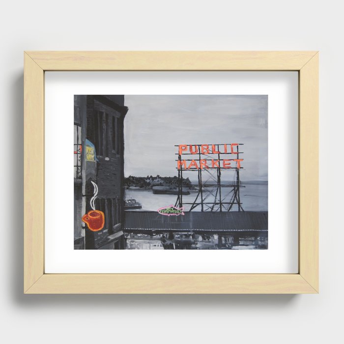Pike Place Market - Black & White & Neon -Seattle Washginton Recessed Framed Print