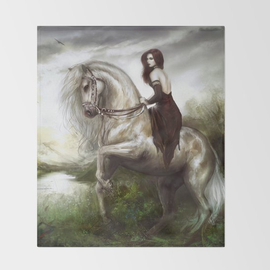 Royal Redhead Girl Riding A White Horse Throw Blanket By