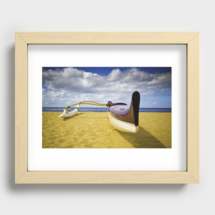 Outrigger canoe on beach Recessed Framed Print