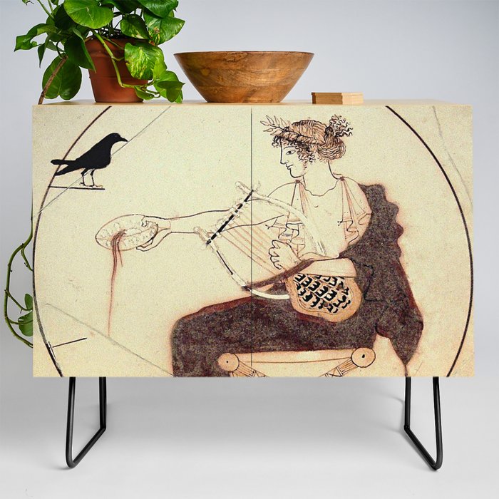 Black Bird greets super God playing Harp Music, offering Food in ancient history Mythology Drawing Credenza