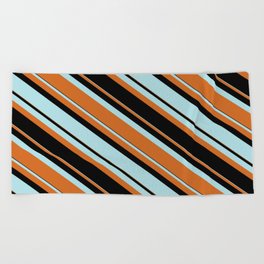 [ Thumbnail: Powder Blue, Chocolate & Black Colored Lined Pattern Beach Towel ]