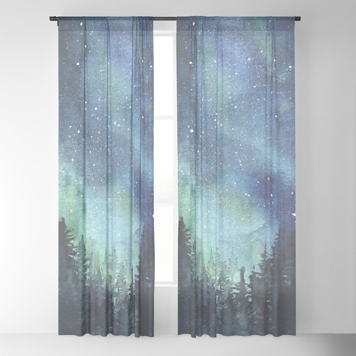 Galaxy Watercolor Aurora Borealis Painting Sheer Curtain By