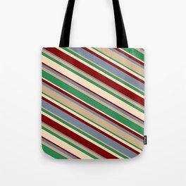 [ Thumbnail: Vibrant Light Slate Gray, Tan, Sea Green, Bisque, and Maroon Colored Lines Pattern Tote Bag ]
