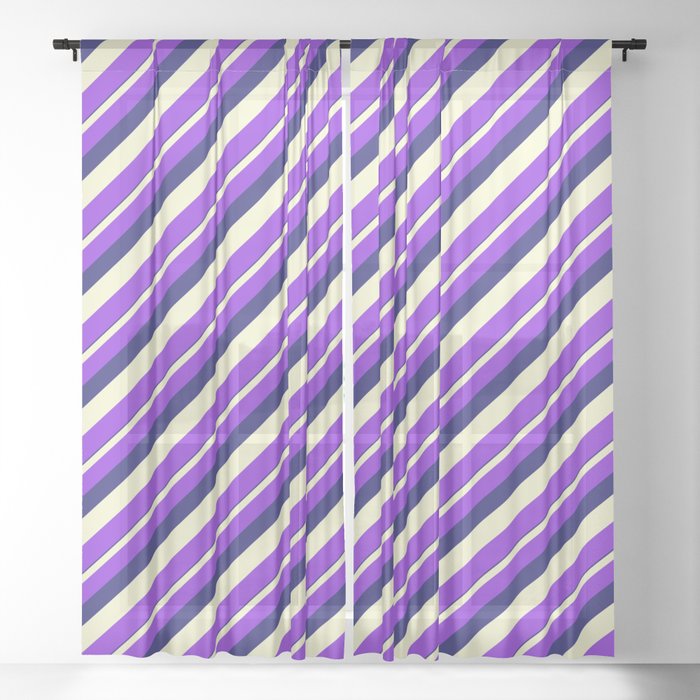Midnight Blue, Light Yellow, and Purple Colored Striped/Lined Pattern Sheer Curtain